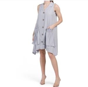 Forcynthia Stripped Linen Blend Sleeveless Asymetric Shirt Button Down Dress